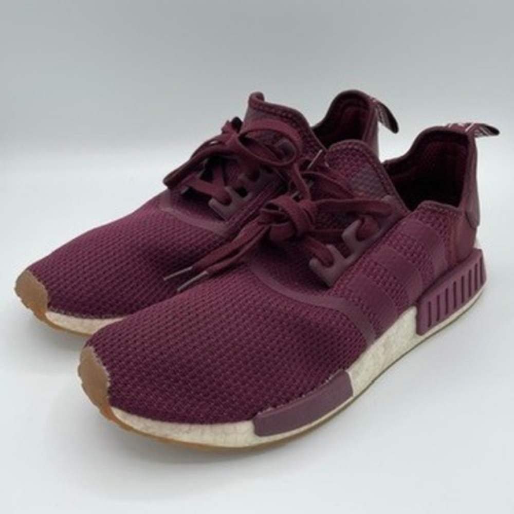 Adidas Men NMD R1 Burgundy Maroon White Boost Gum Sole Sneakers Size 12